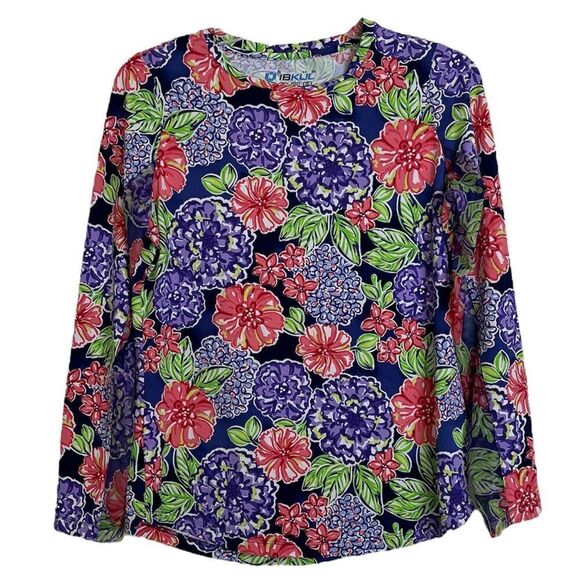 IBKUL Larisa Print Top Crew Neck Long Sleeve UPF 50+ Hydrangea Floral Mesh Small - Picture 1 of 10